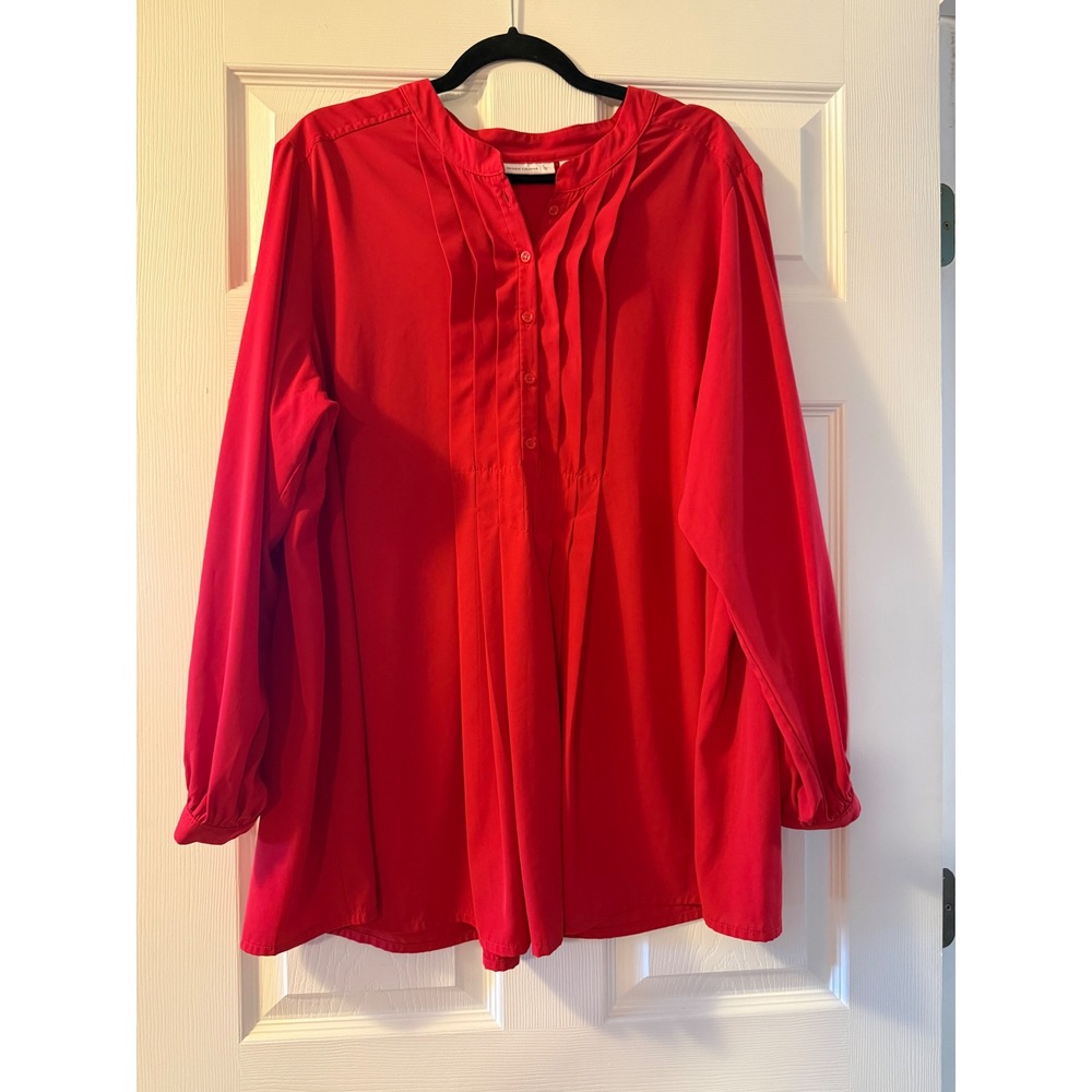 Susan Graver Blouse Womens 2X Red Pintuck Pleated Mandarin Collar Tunic Office